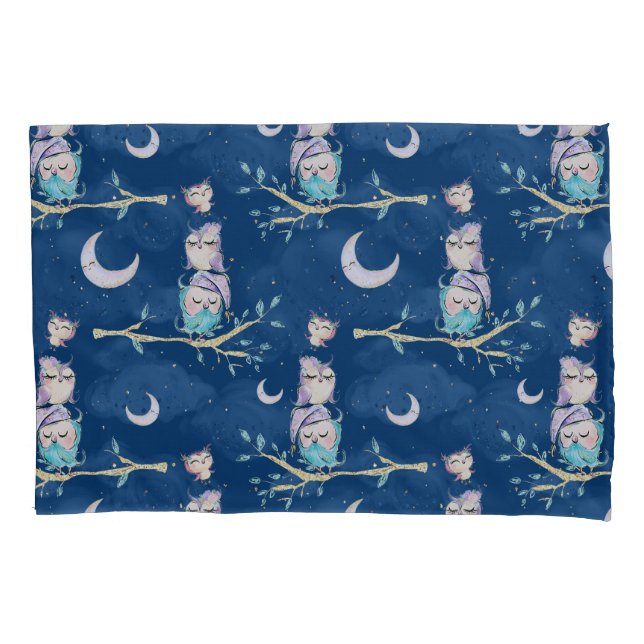 Cute Night Owls Glitter Moon Pink Blue Starlight Pillow Case (Front)
