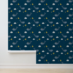 Cute Nighttime Sky Clouds Moon Whale Kids Nursery Wallpaper