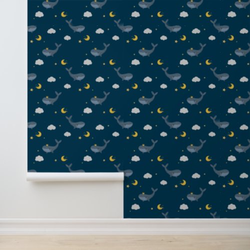 Cute Nighttime Sky Clouds Moon Whale Kids Nursery  Wallpaper