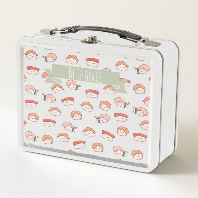 Cute Nigiri Sushi Seamless Pattern Metal Lunch Box (Front)