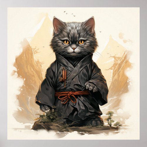 Cute Ninja Cat Happy Japanese Art Poster