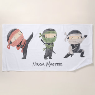 Cute Ninja - Gender Neutral Kids Watercolor Design Beach Towel