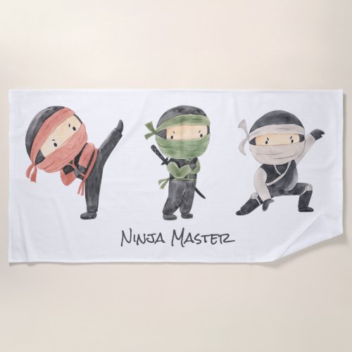 Cute Ninja _ Gender Neutral Kids Watercolor Design Beach Towel