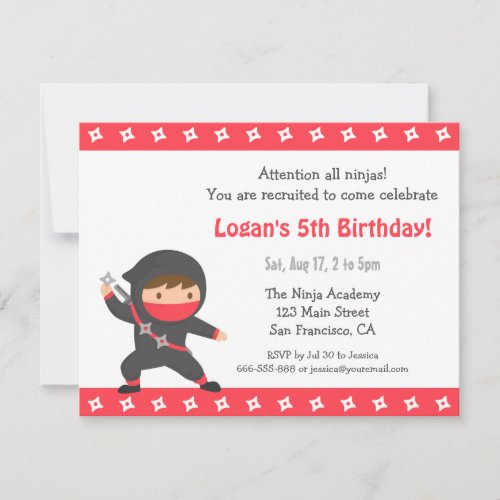 Cute Ninja Kids Birthday Party Invitations