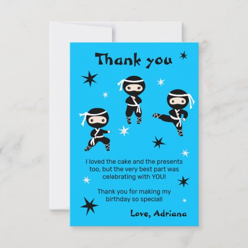 Cute Ninja Kids Warrior Girl Blue Birthday Party  Thank You Card
