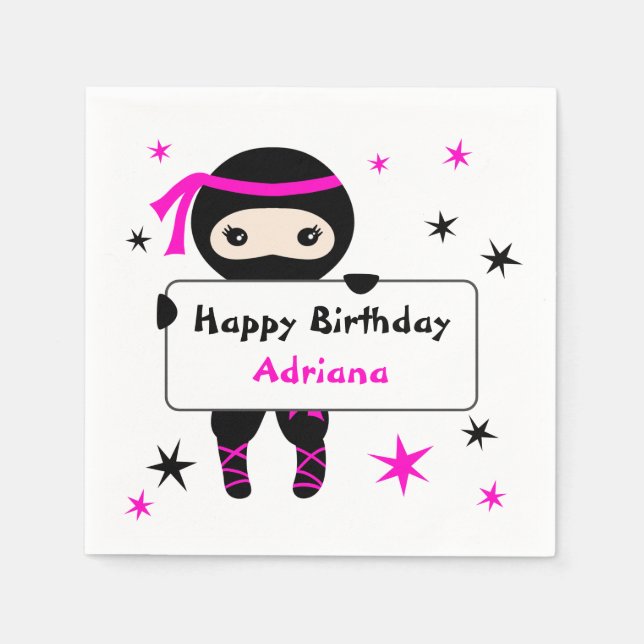 Cute Ninja Kids Warrior Girl Pink Bday Party  Napkins (Front)