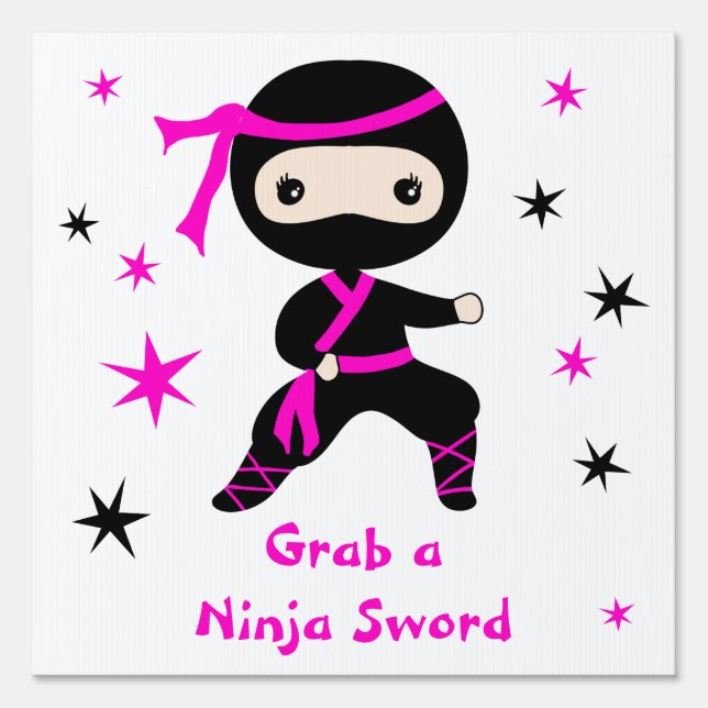 Cute Ninja Kids Warrior Girl Pink Bday Party  Sign (Front)