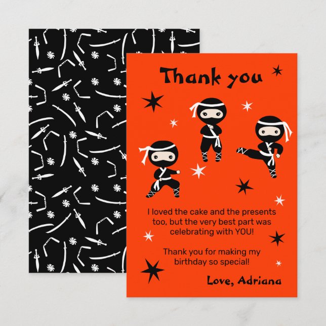 Cute Ninja Kids - Warrior Girls Birthday Party  Thank You Card (Front/Back)