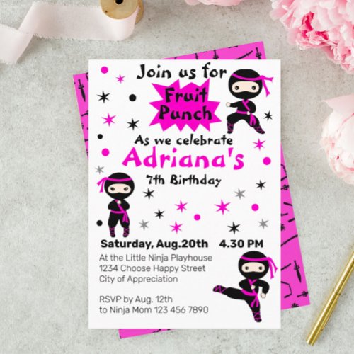 Cute Ninja Kids Warrior Girls Pink Birthday Party  Invitation