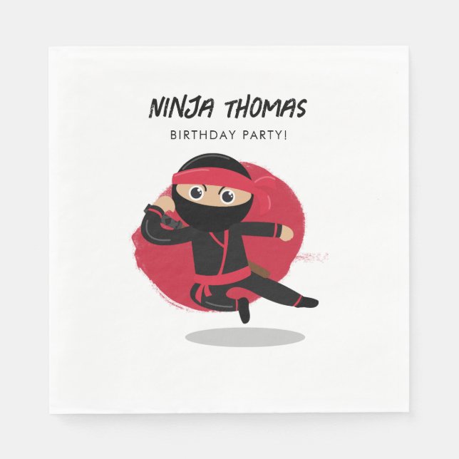 Cute Ninja Warrior Black & Red Kids Birthday Party Napkins (Front)