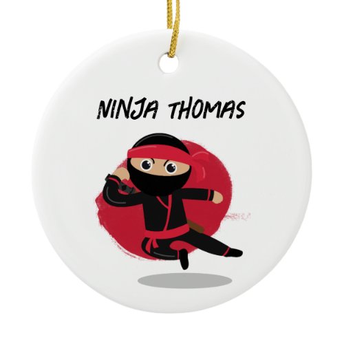Cute Ninja Warrior Black &amp; Red Kids Custom Name Ceramic Ornament