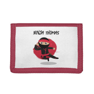 Cute Ninja Warrior Black & Red Kids Custom Name Tri-fold Wallet