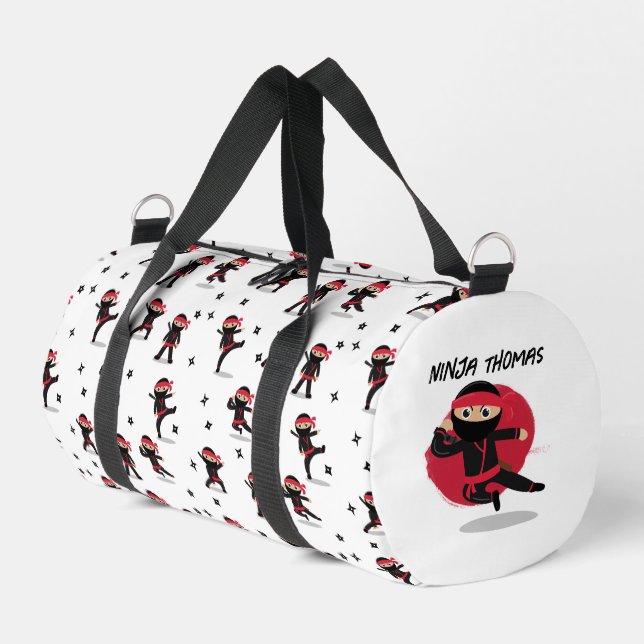 Cute Ninja Warrior Black & Red Kids School Duffle Bag (Left Corner)
