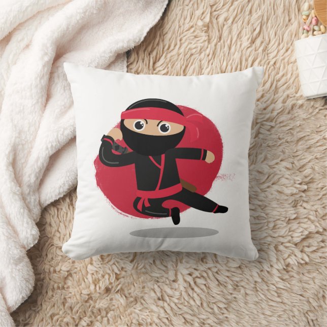Cute Ninja Warrior Black & Red Kids Throw Pillow (Blanket)
