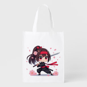 Cute ninja warrior blossom girl grocery bag