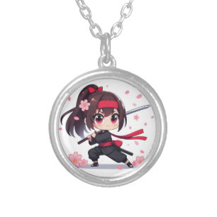 Cute ninja warrior blossom girl silver plated necklace