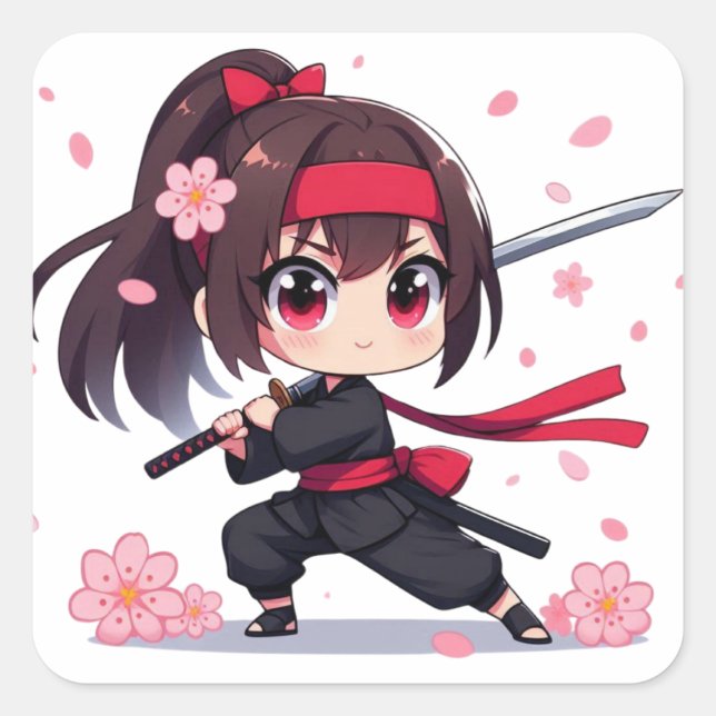 Cute ninja warrior blossom girl square sticker (Front)
