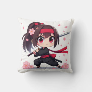 Cute ninja warrior blossom girl throw pillow