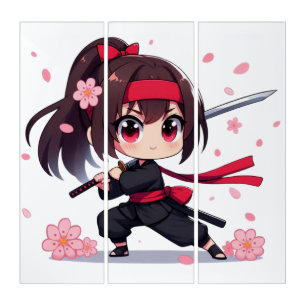 Cute ninja warrior blossom girl triptych