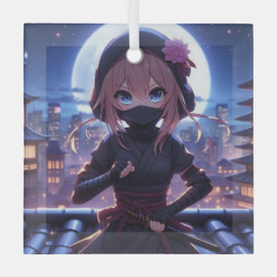 Cute ninja warrior girl glass ornament
