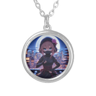 Cute ninja warrior girl silver plated necklace