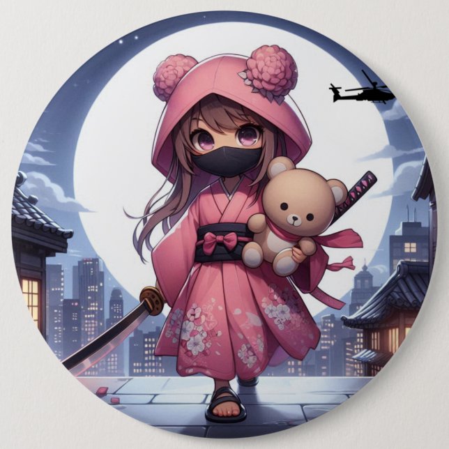 Cute ninja warrior girl & teddy button (Front)