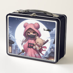 Cute ninja warrior girl & teddy metal lunch box