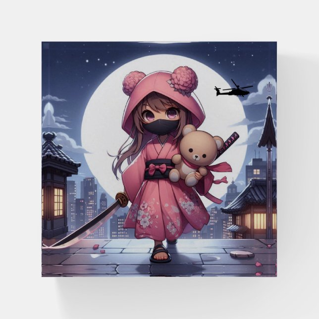 Cute ninja warrior girl & teddy paperweight (Front)