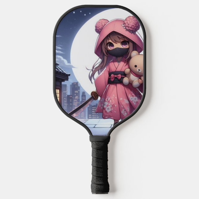 Cute ninja warrior girl & teddy pickleball paddle (Front)