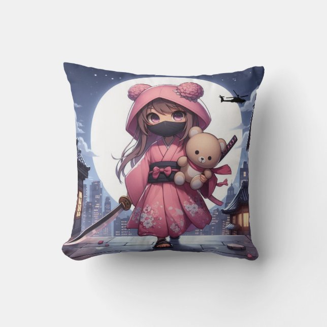 Cute ninja warrior girl & teddy throw pillow (Front)