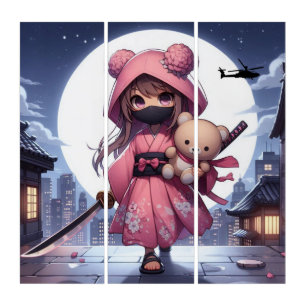 Cute ninja warrior girl & teddy triptych