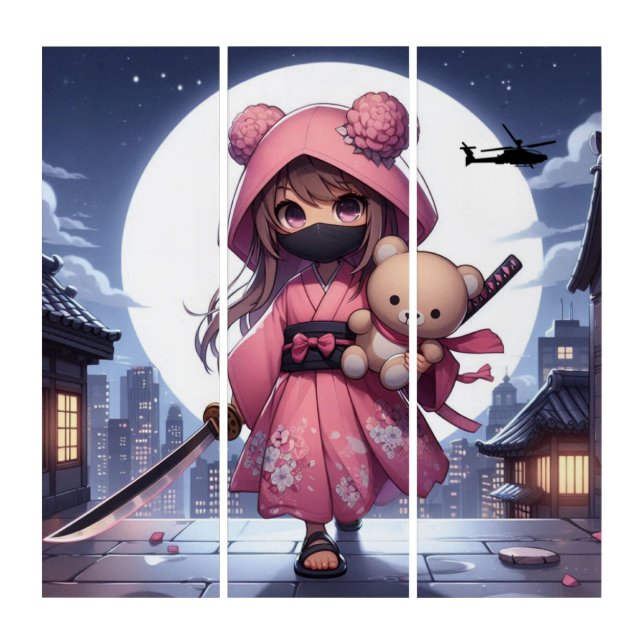 Cute ninja warrior girl & teddy triptych (Front)