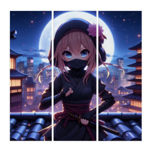 Cute ninja warrior girl triptych