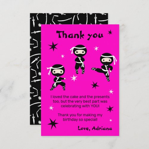 Cute Ninja Warrior Girls Pink Birthday Party  Thank You Card