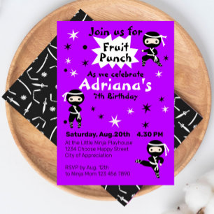 Cute Ninja Warrior Girls Purple Birthday Party Invitation