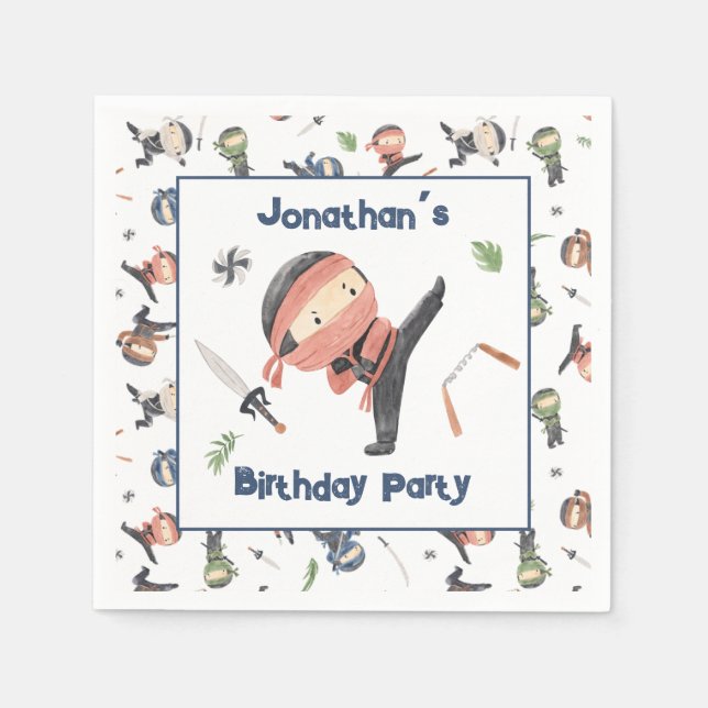 Cute Ninja Warrior Kids Birthday Party Custom Name Napkins (Front)