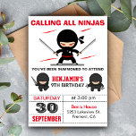 Cute Ninja Warrior Kids Birthday Party Invitation<br><div class="desc">Amaze your guests with this modern ninja birthday party invitation featuring cute little ninjas with eye-catching typography against a white background. Simply add your event details on this easy-to-use template to make it a one-of-a-kind invitation. Flip the card over to reveal an elegant black and white starburst pattern on the...</div>