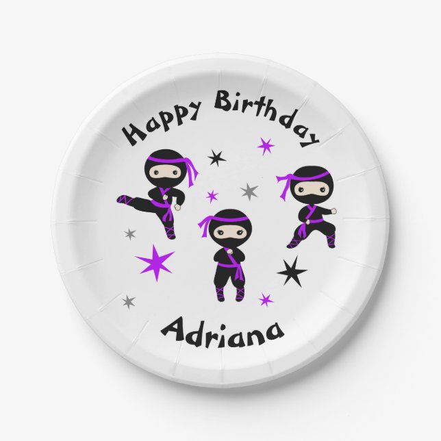 Cute Ninja Warrior Kids Birthday Party Purple  Paper Plates (Front)