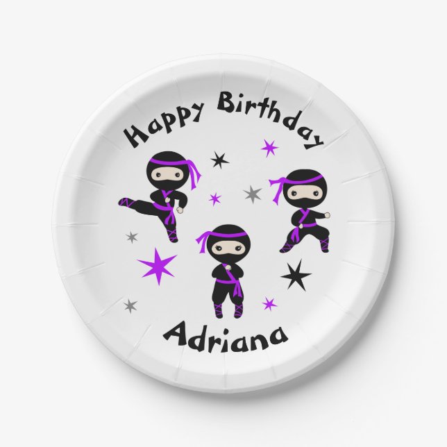 Cute Ninja Warrior Kids Birthday Party Purple  Paper Plates (Front)