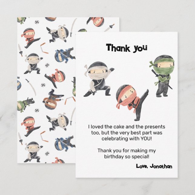 Cute Ninja Warrior Kids Birthday Party  Thank You Card (Front/Back)