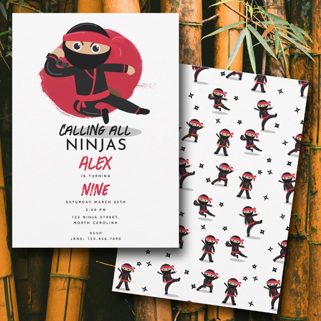 Cute Ninja Warrior Kids Black & Red Birthday Party Invitation (Cute Ninja Warrior Kids Black & Red Birthday Party Invitation)