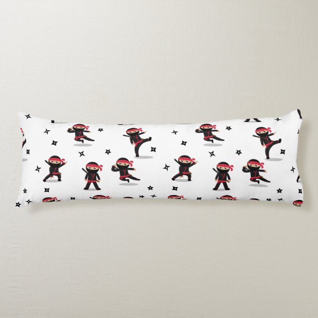 Cute Ninja Warrior Kids Black & Red Pattern Body Pillow (Front)