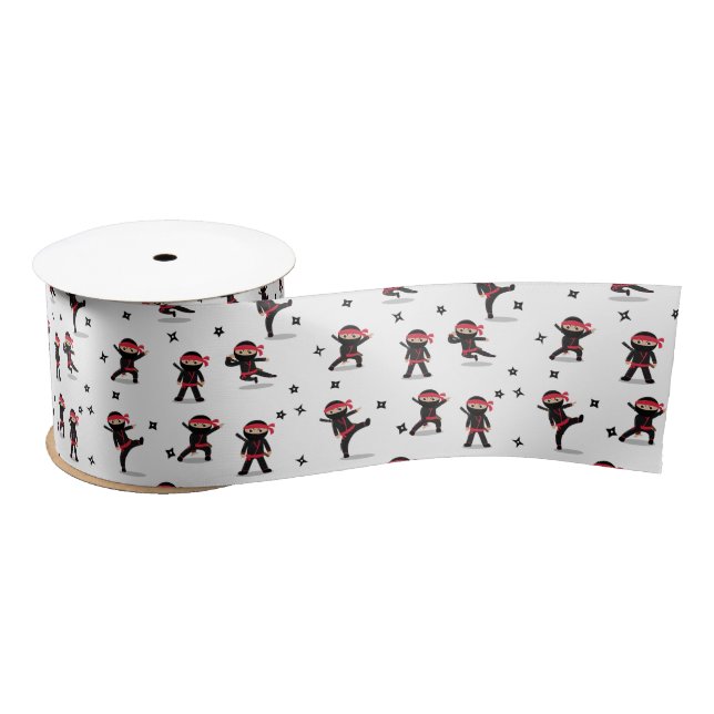 Cute Ninja Warrior Kids Black & Red Pattern Satin Ribbon (Spool)