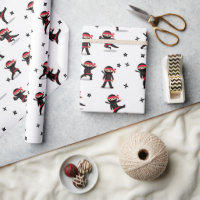 Cute Ninja Warrior Kids Black & Red Pattern Wrapping Paper