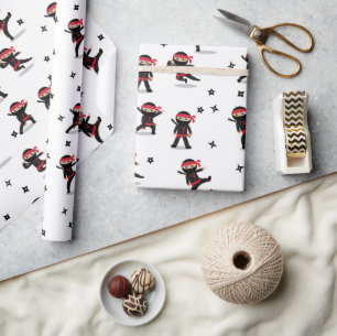 Cute Ninja Warrior Kids Black & Red Pattern Wrapping Paper