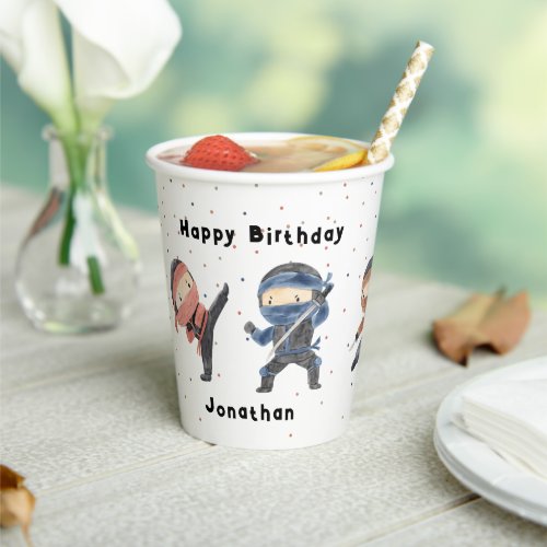 Cute Ninja Warrior Kids Custom Name Birthday Party Paper Cups