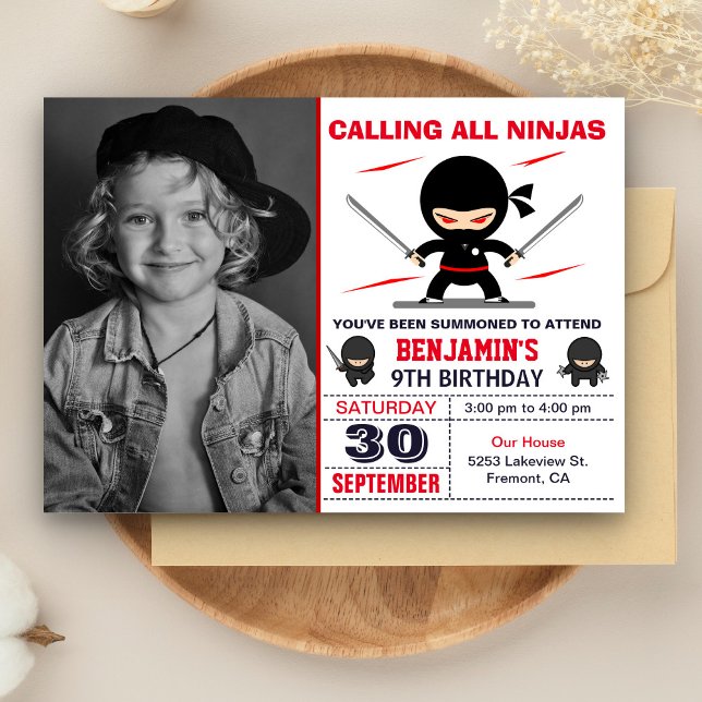Cute Ninja Warrior Kids Photo Birthday Party Invitation (Creator Uploaded)