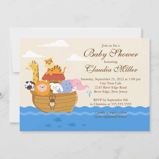 Cute Noah"s Ark Baby Girl or Baby Boy Shower Invitation (Front)