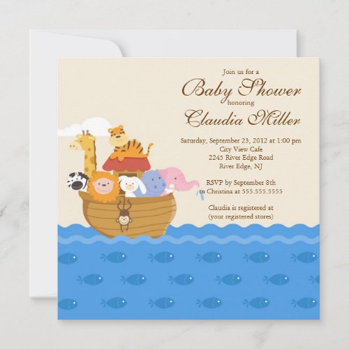 Cute Noah"s Ark Baby Girl or Baby Boy Shower Announcement