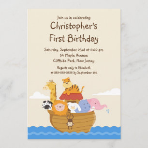 Cute Noah's Ark Baby Animals Birthday Party Invitation